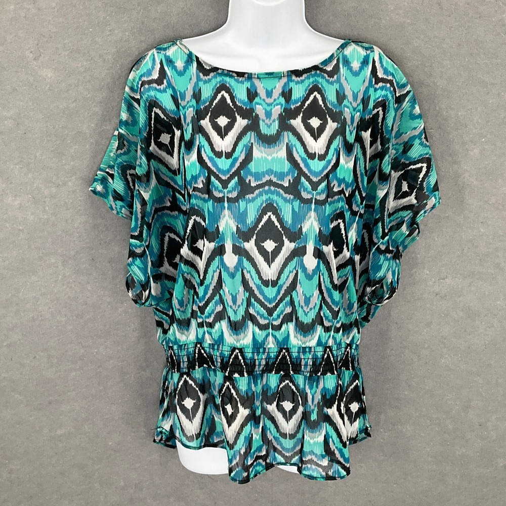 INC International Concepts Top Womens Sz M Teal‎ Ikat Smocked Waist Blouse